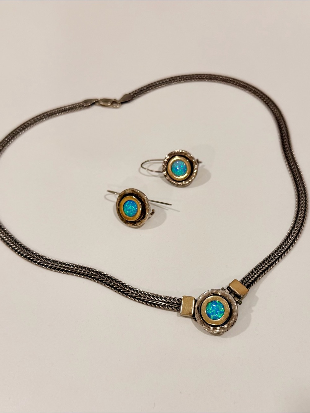 Silver and Gold Tone Necklace and Earrings Set with Blue-Green Opal Accent